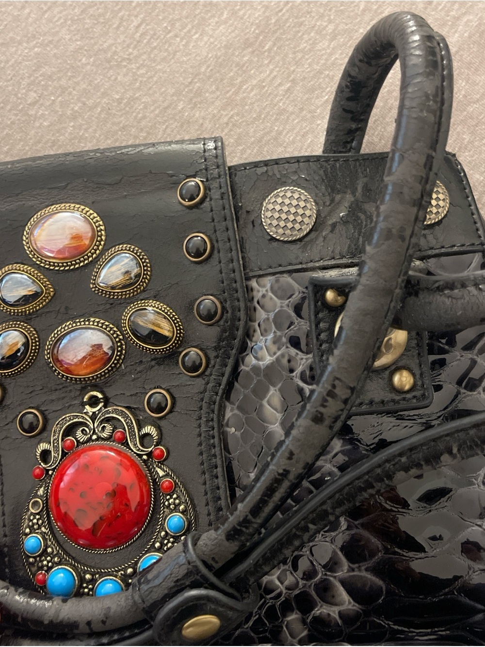 Black Embossed Patent Tote with Decorative Gem Accent - Picture 3 of 10